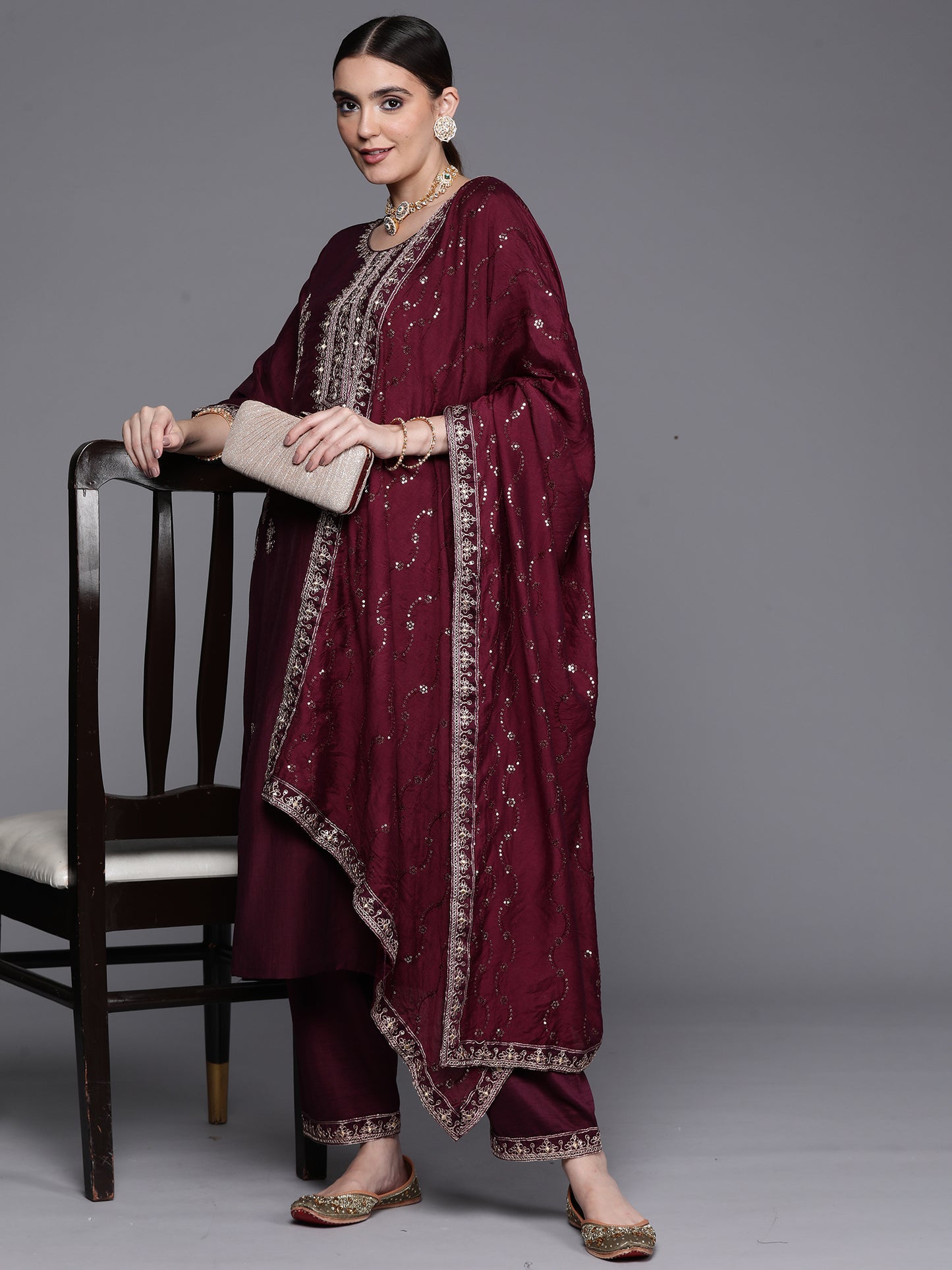 IE Wine Embroidered Ethnic Straight Kurta Trouser With Dupatta Set