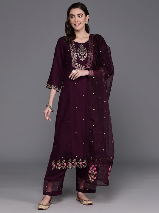 IE Burgundy Embroidered Straight Kurta Trousers With Dupatta Set