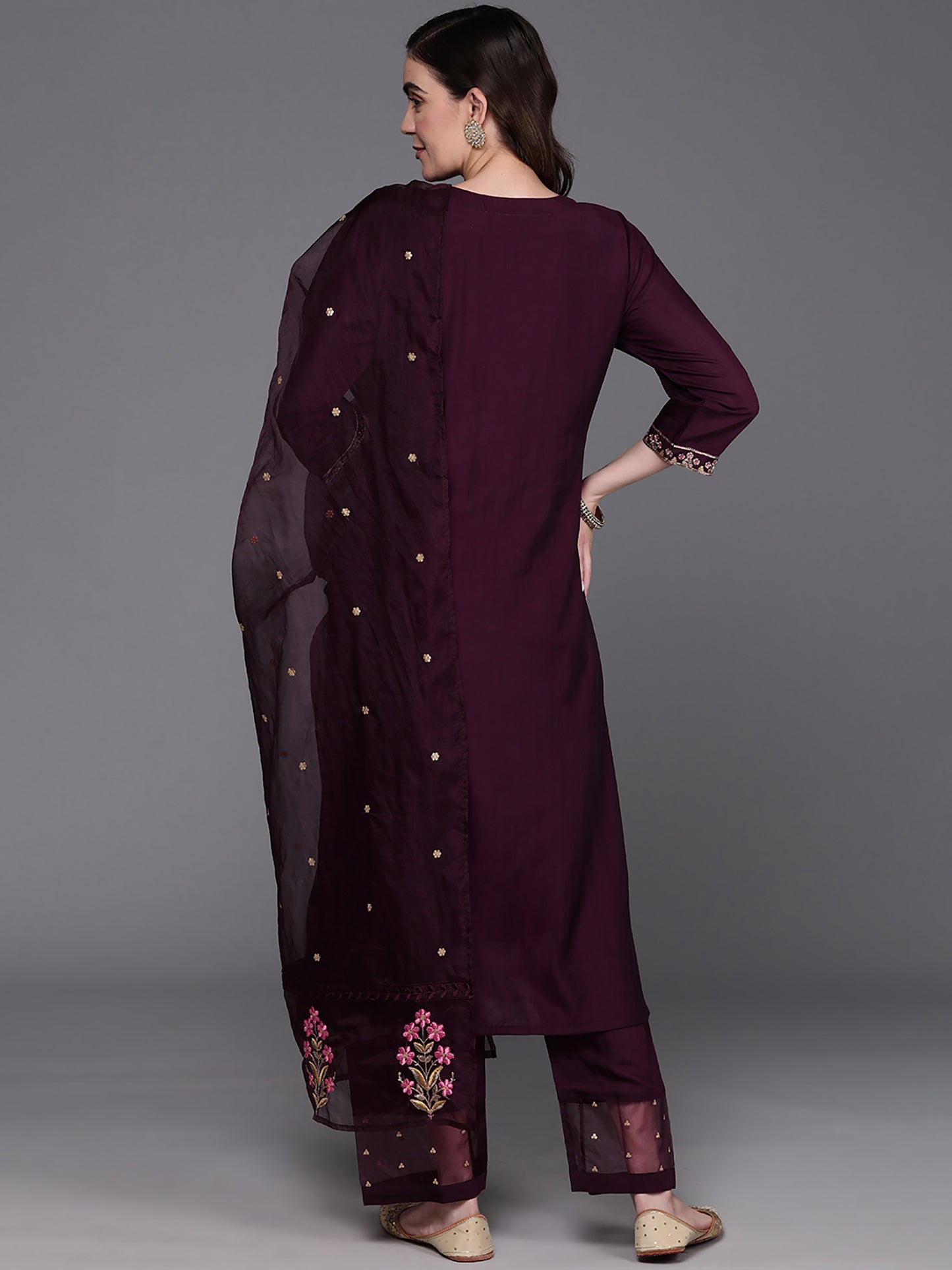 IE Burgundy Embroidered Straight Kurta Trousers With Dupatta Set