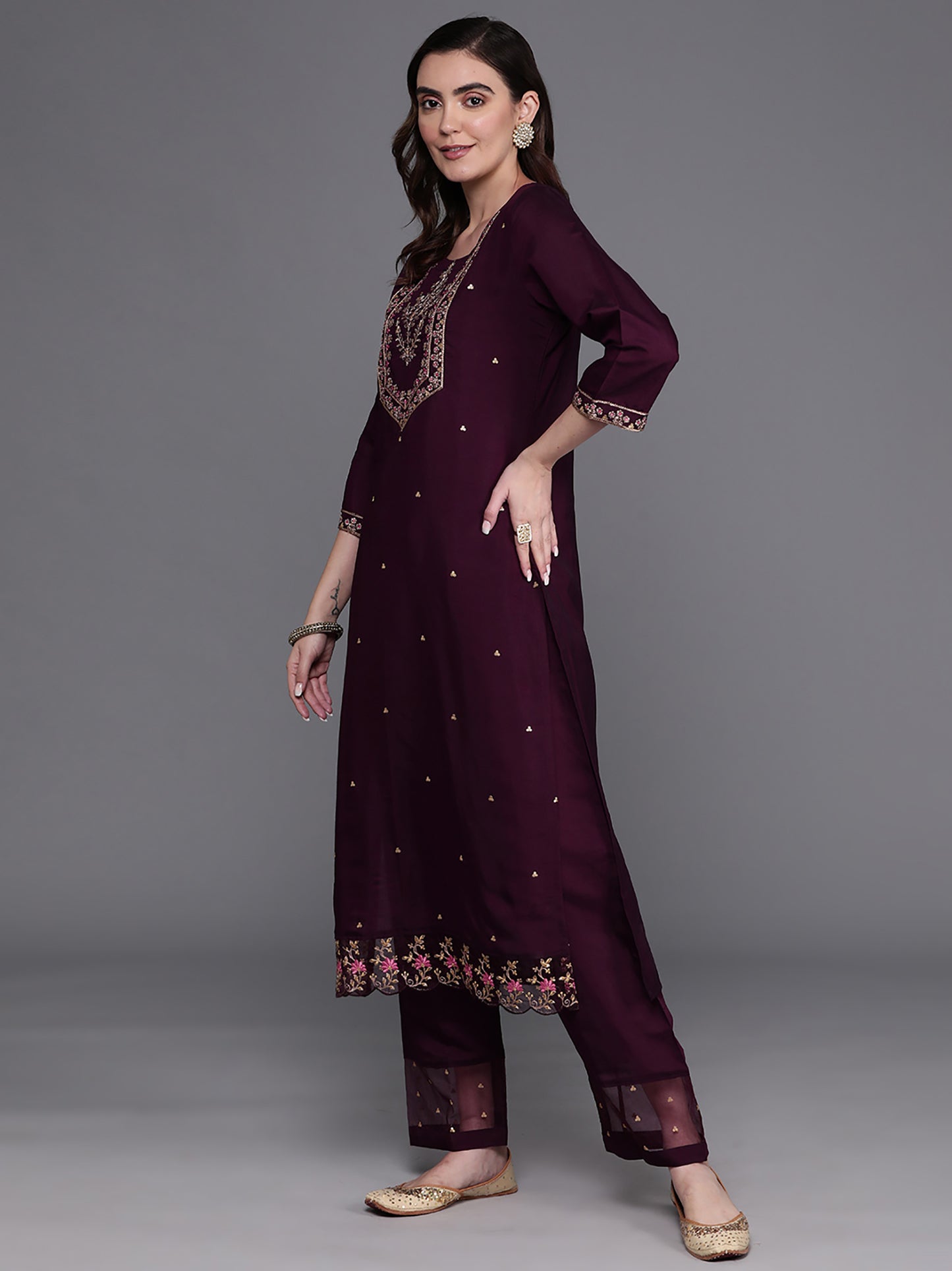 IE Burgundy Embroidered Straight Kurta Trousers With Dupatta Set