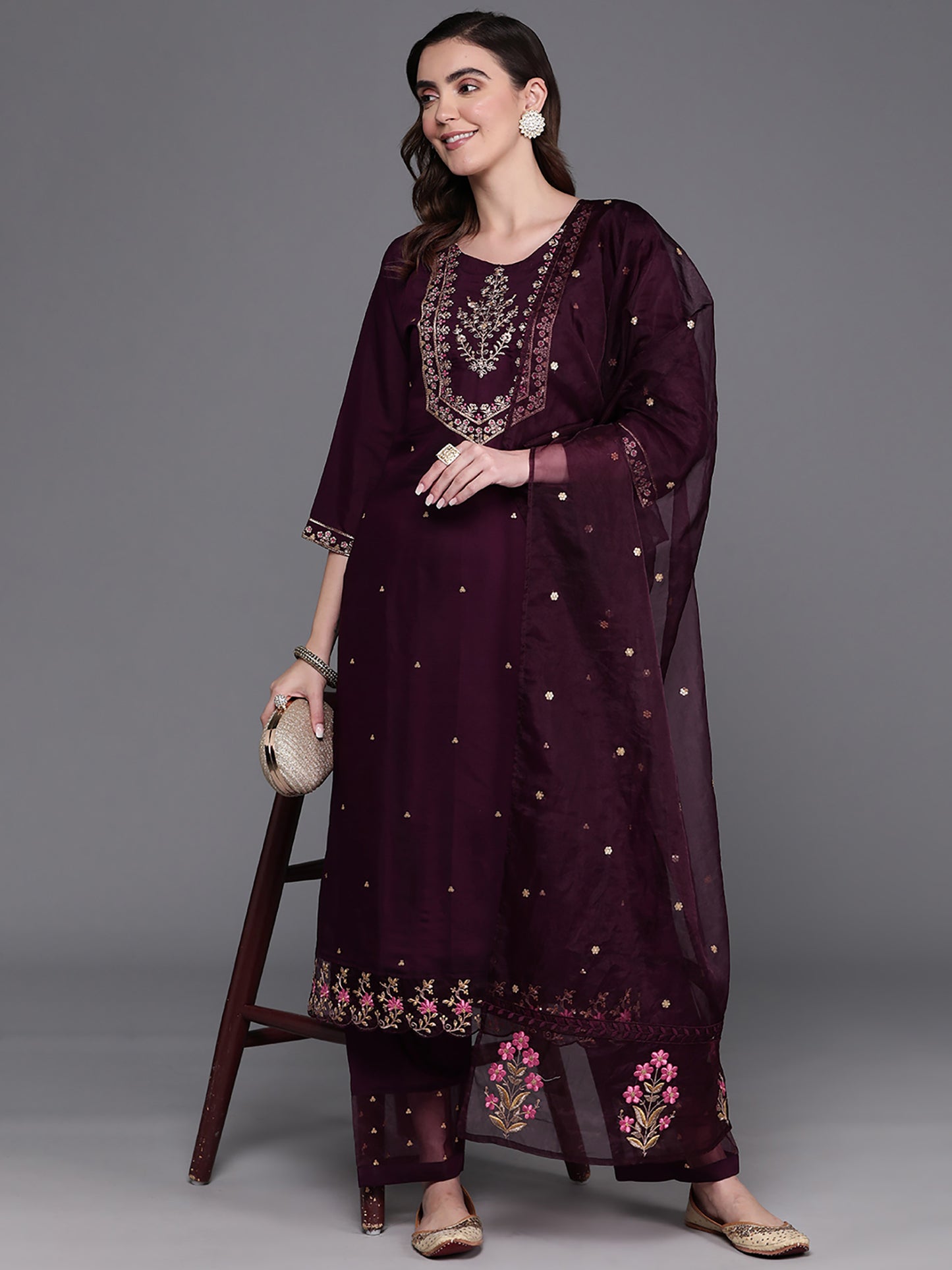 IE Burgundy Embroidered Straight Kurta Trousers With Dupatta Set