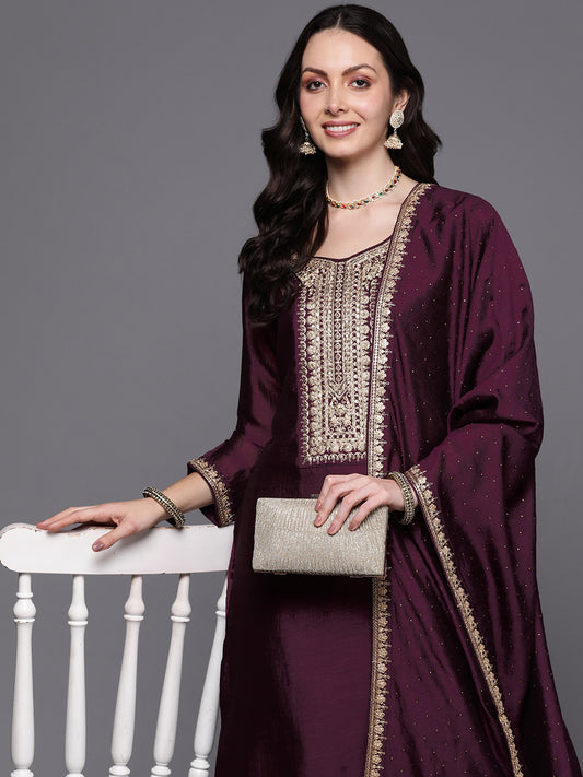 IE Wine Embroidered Straight Kurta Trousers With Dupatta Set