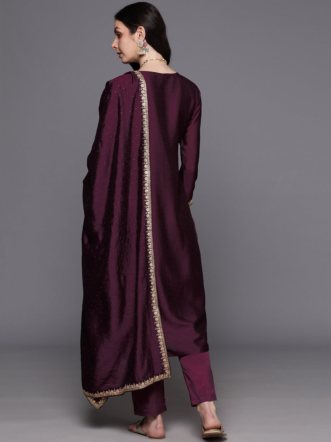 IE Wine Embroidered Straight Kurta Trousers With Dupatta Set