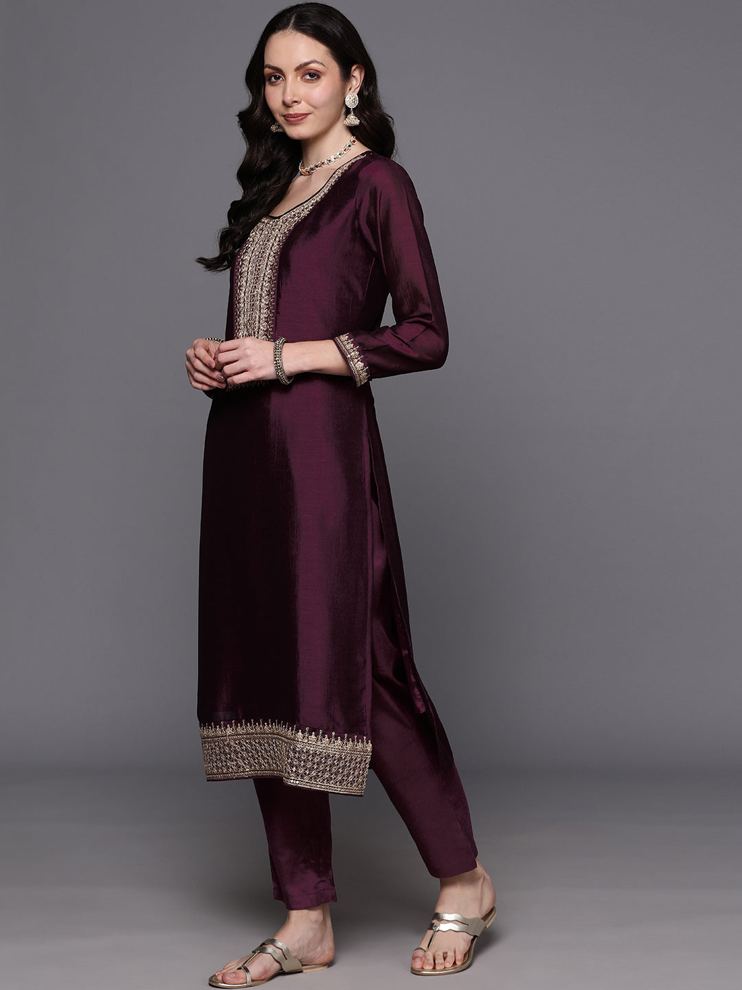 IE Wine Embroidered Straight Kurta Trousers With Dupatta Set