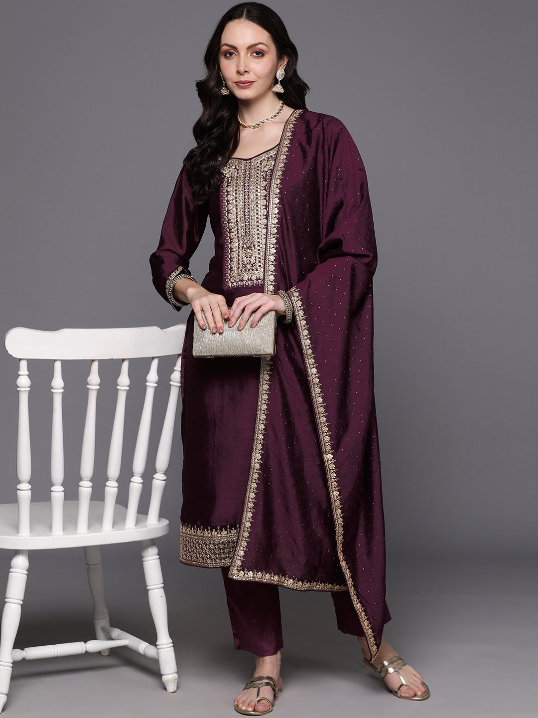 IE Wine Embroidered Straight Kurta Trousers With Dupatta Set