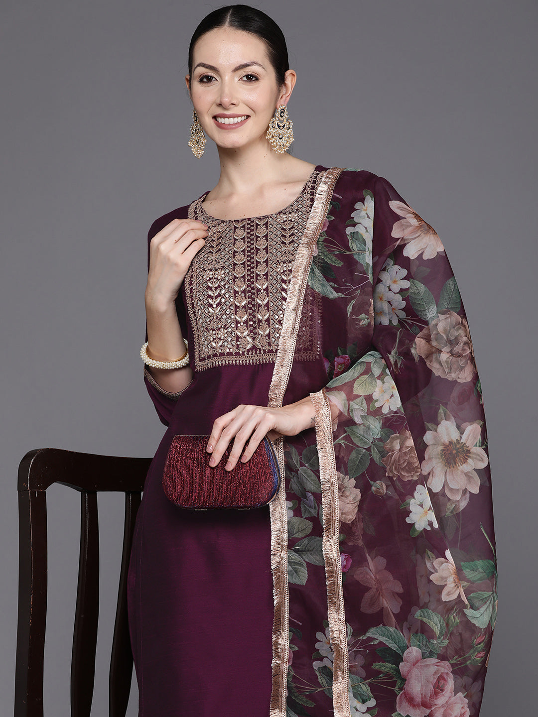 IE Wine Embroidered Straight Kurta Trousers With Dupatta Set