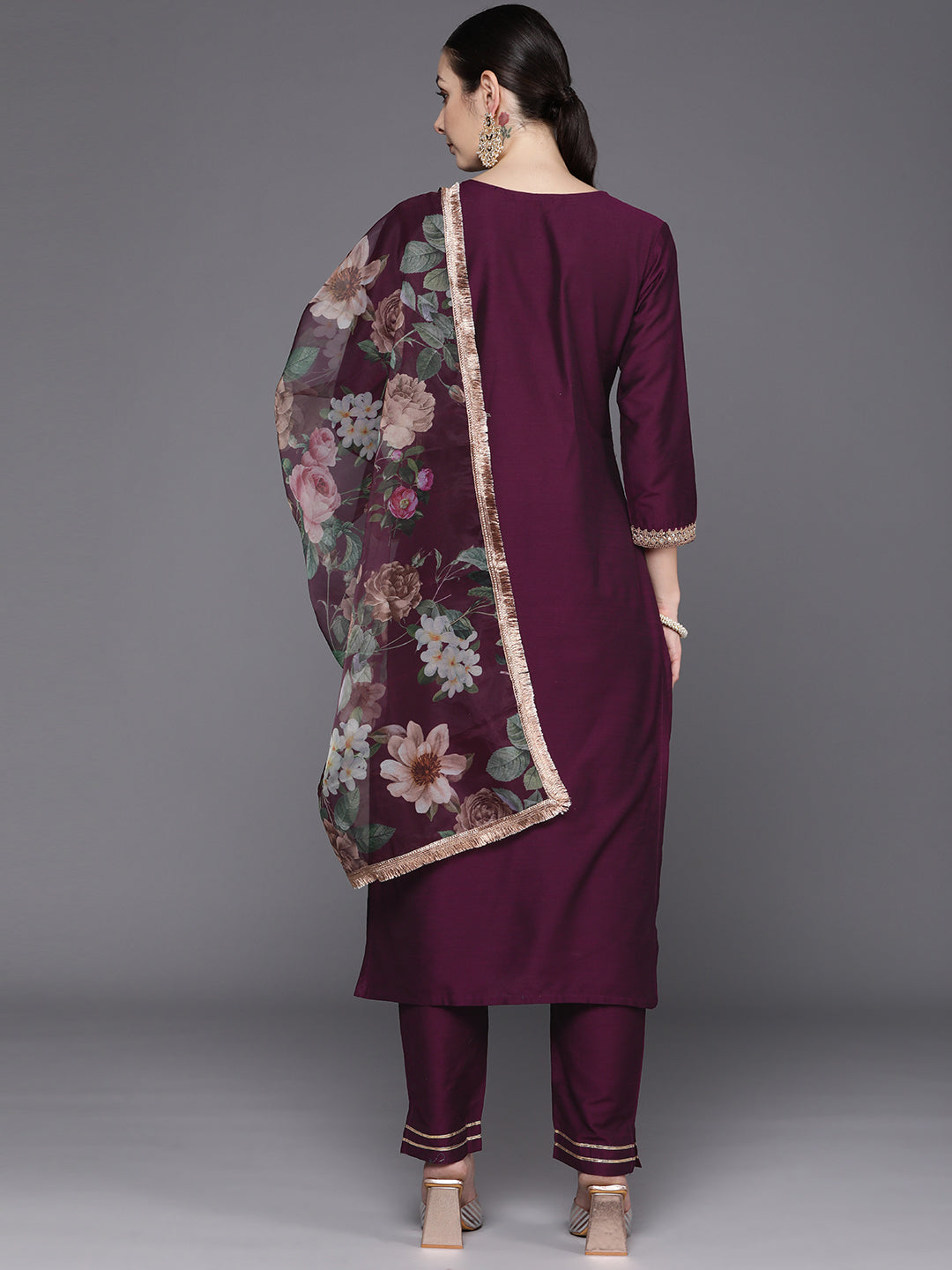 IE Wine Embroidered Straight Kurta Trousers With Dupatta Set