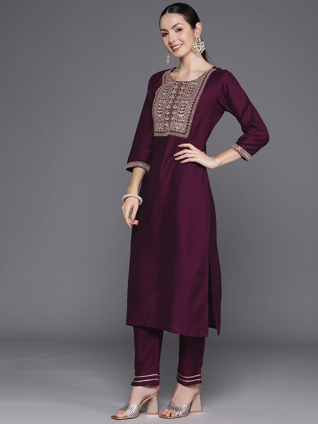 IE Wine Embroidered Straight Kurta Trousers With Dupatta Set