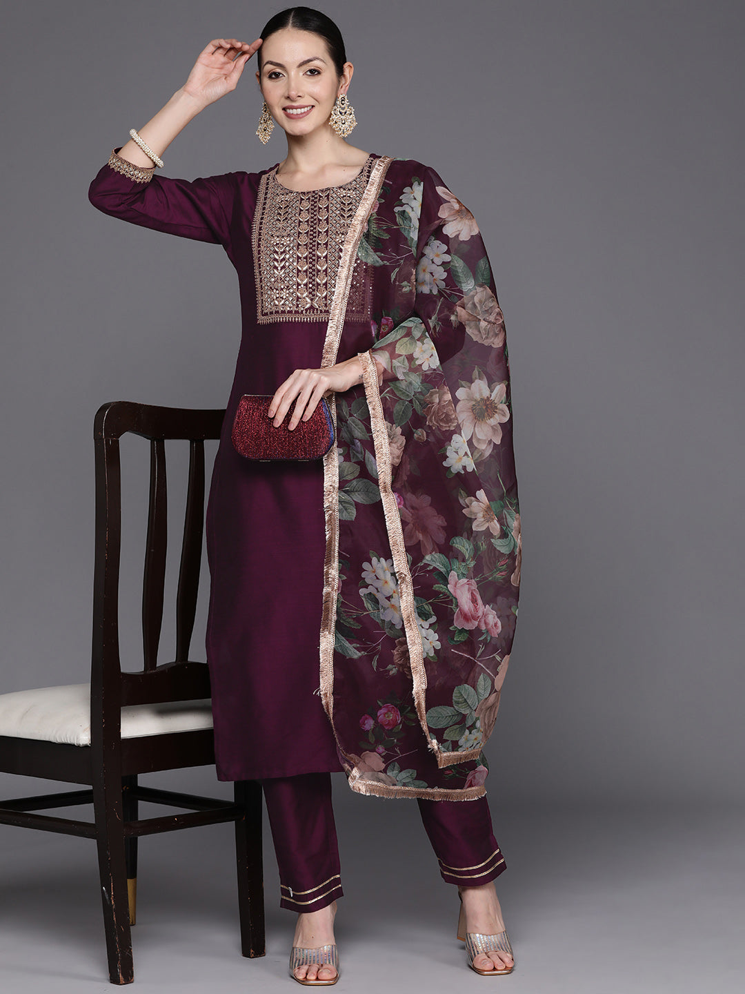 IE Wine Embroidered Straight Kurta Trousers With Dupatta Set