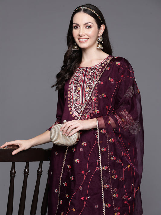 IE Wine Embroidered Straight Kurta Trousers With Dupatta Set