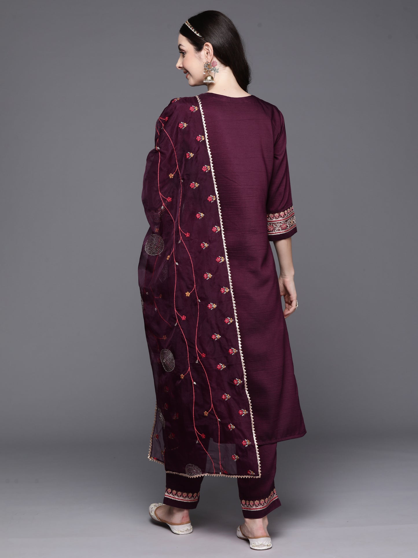 IE Wine Embroidered Straight Kurta Trousers With Dupatta Set