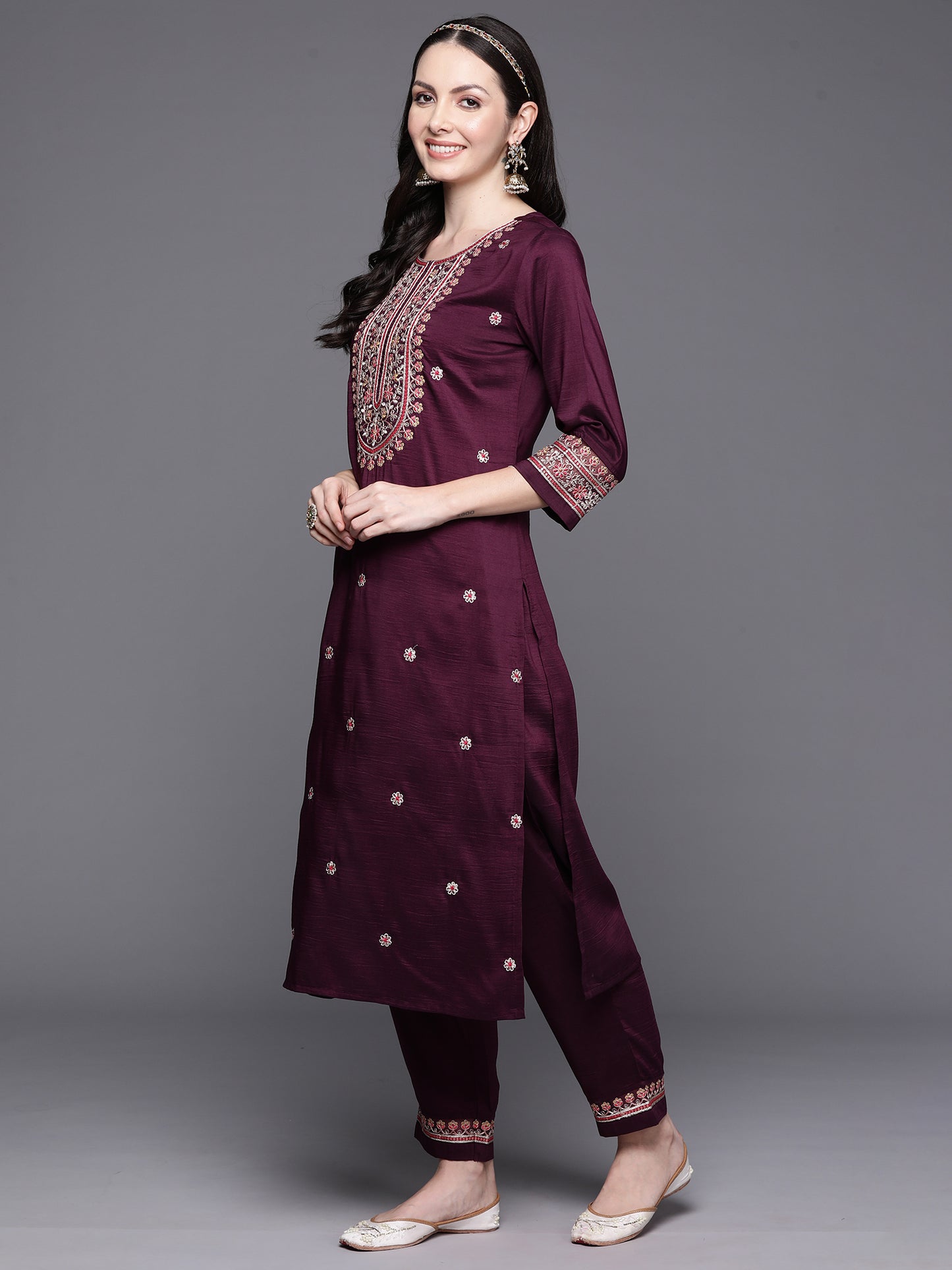 IE Wine Embroidered Straight Kurta Trousers With Dupatta Set