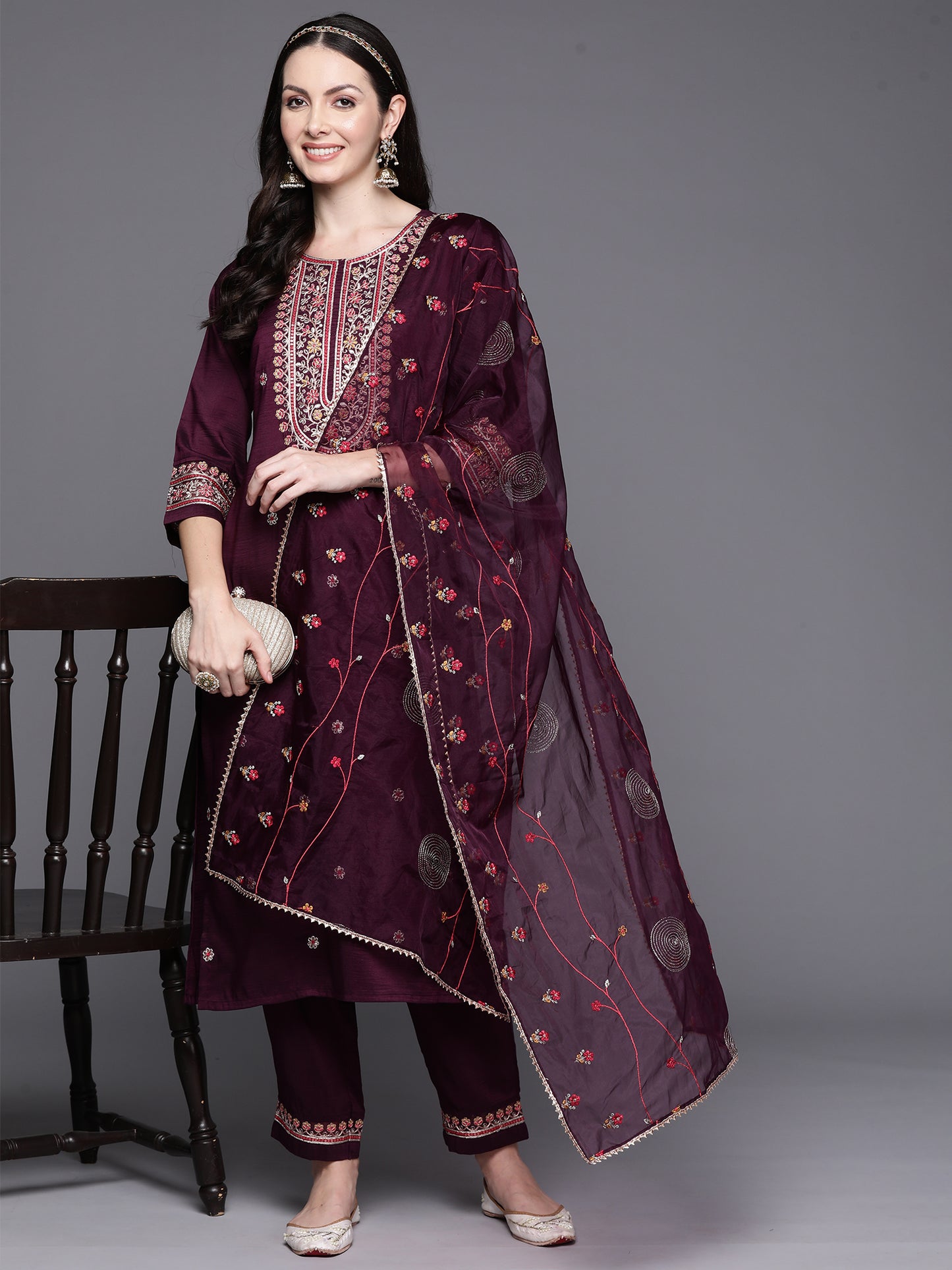 IE Wine Embroidered Straight Kurta Trousers With Dupatta Set