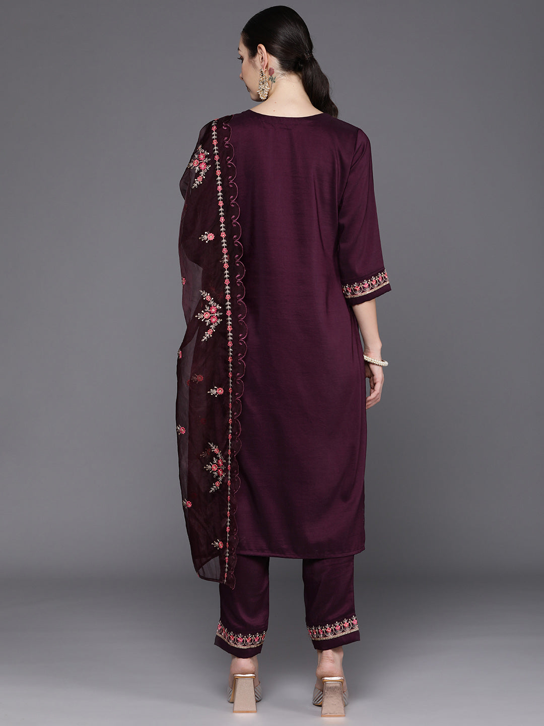 IE Wine Embroidered Straight Kurta Trousers With Dupatta Set