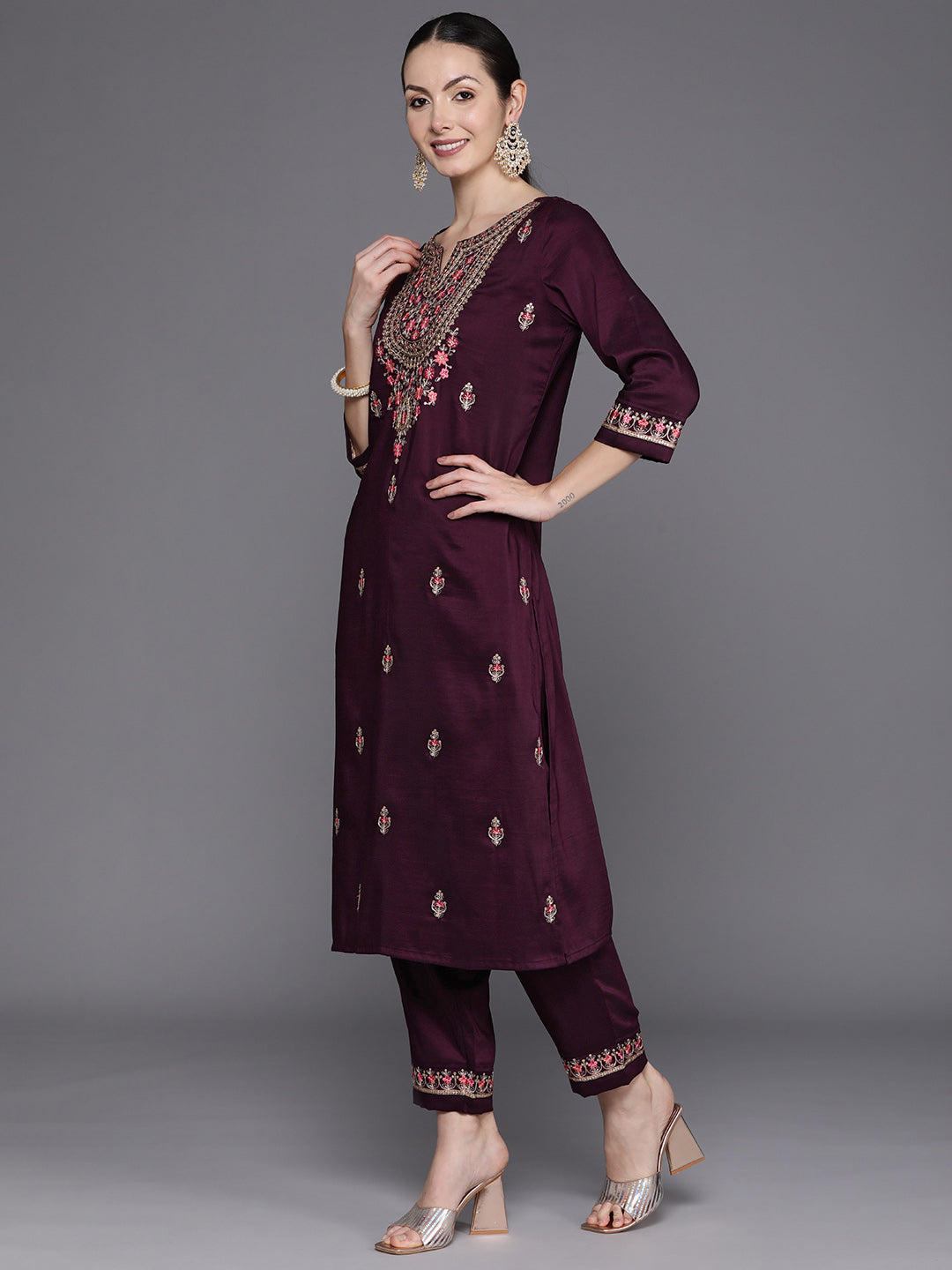 IE Wine Embroidered Straight Kurta Trousers With Dupatta Set