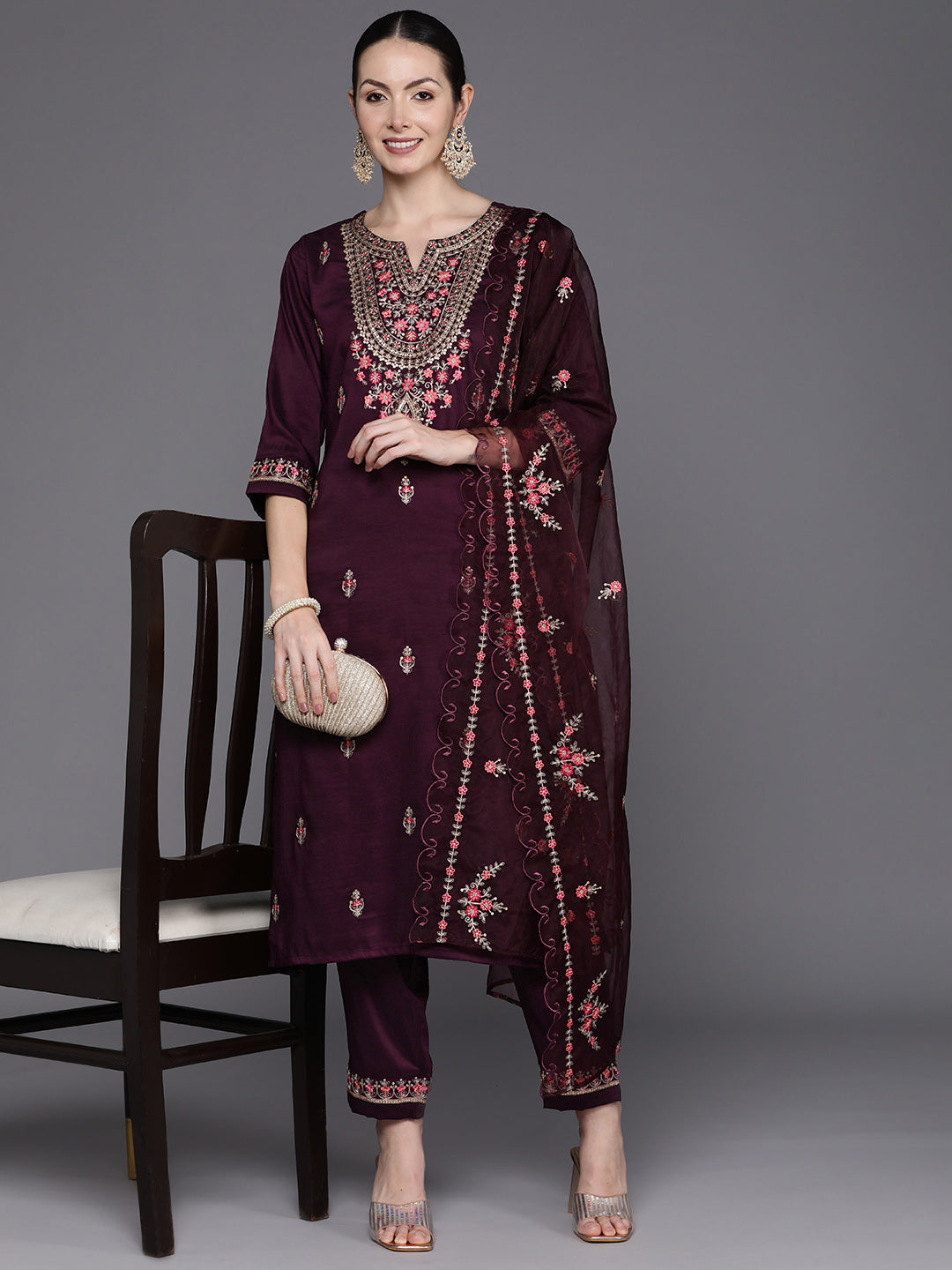 IE Wine Embroidered Straight Kurta Trousers With Dupatta Set