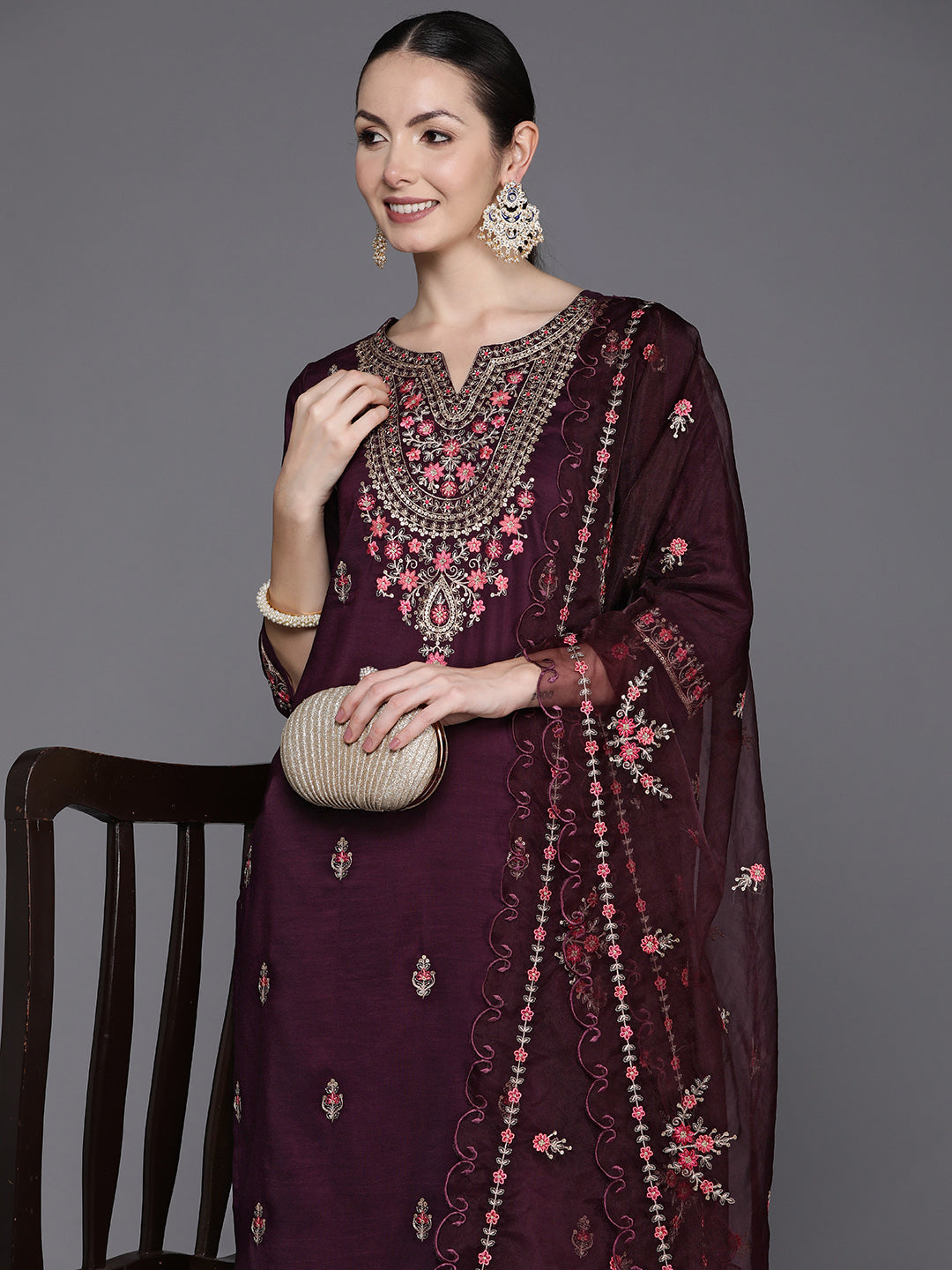 IE Wine Embroidered Straight Kurta Trousers With Dupatta Set