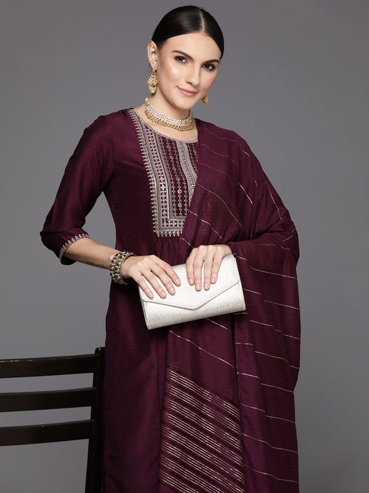 IE Burgundy Embroidered A-Line Kurta Trousers With Dupatta Set