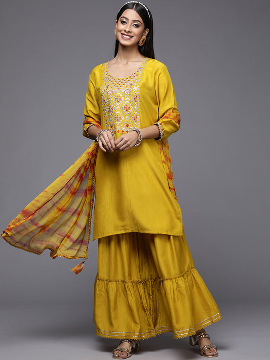 IE Yellow Embroidered Straight Kurta Sharara With Dupatta Set