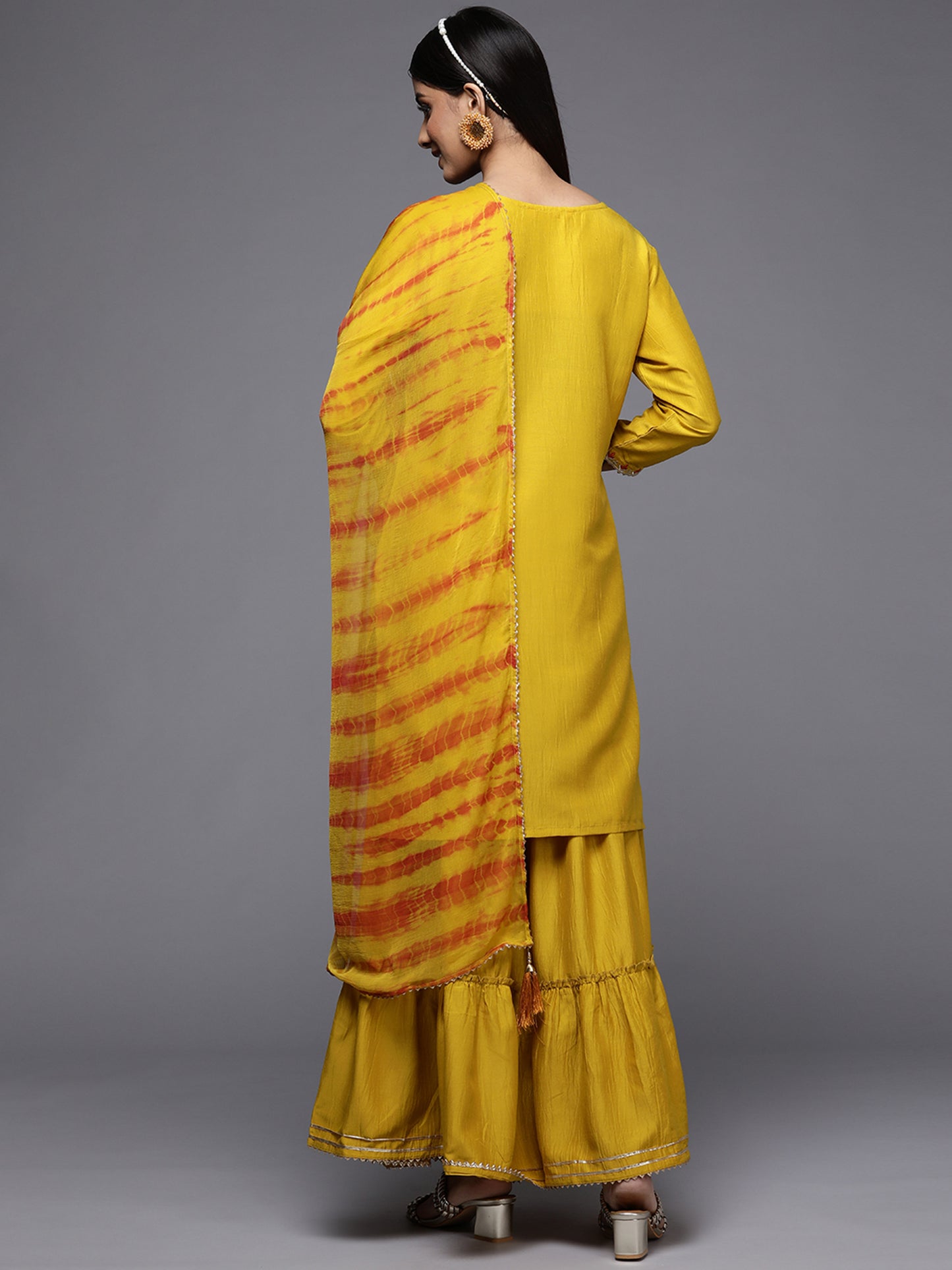 IE Yellow Embroidered Straight Kurta Sharara With Dupatta Set