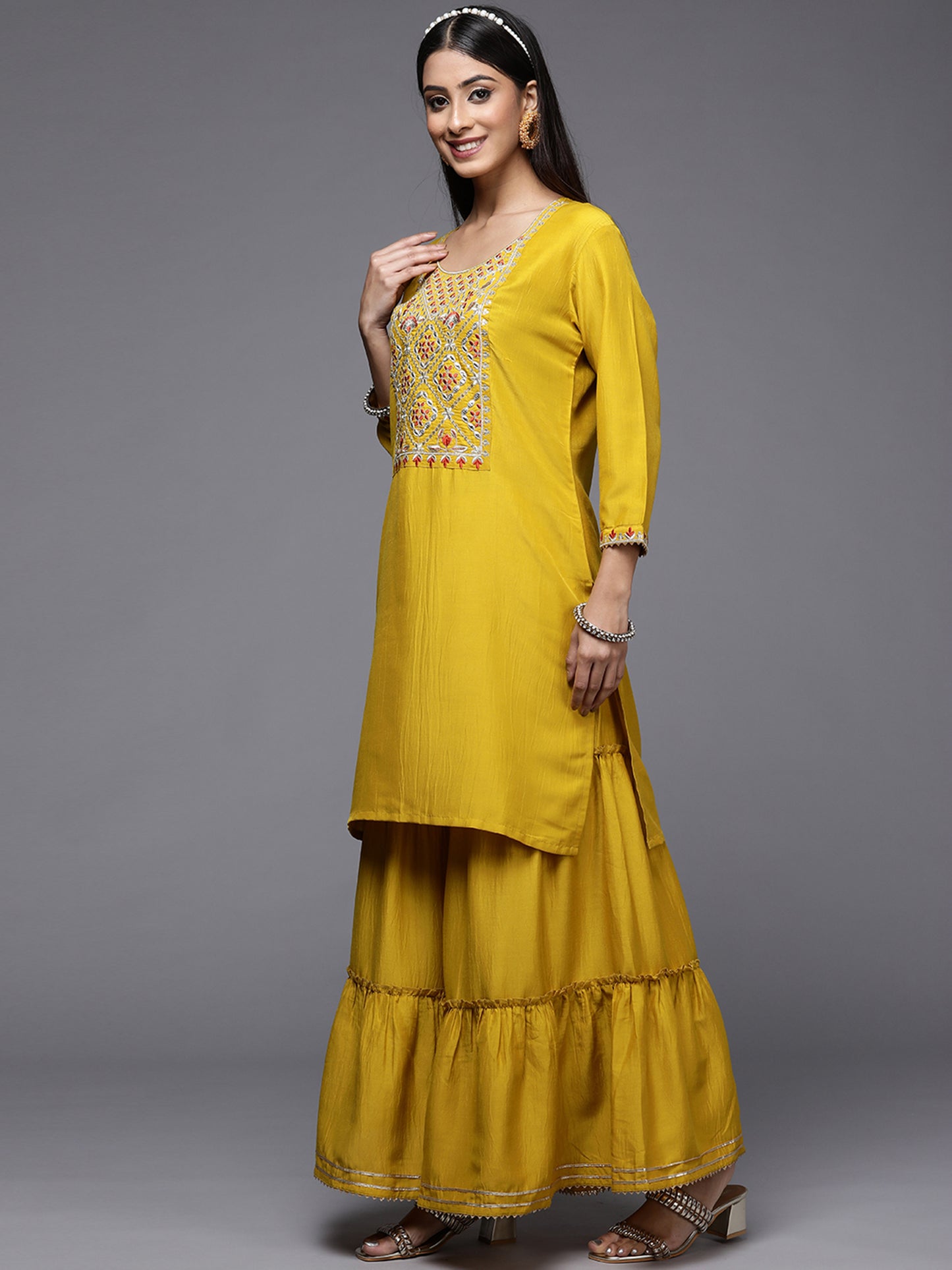 IE Yellow Embroidered Straight Kurta Sharara With Dupatta Set