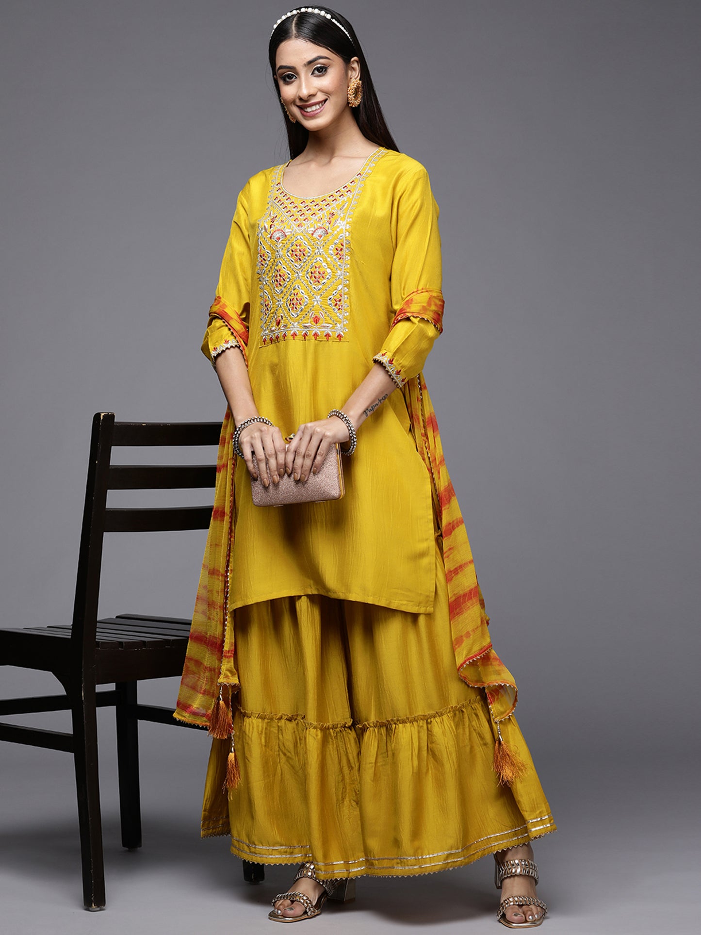 IE Yellow Embroidered Straight Kurta Sharara With Dupatta Set