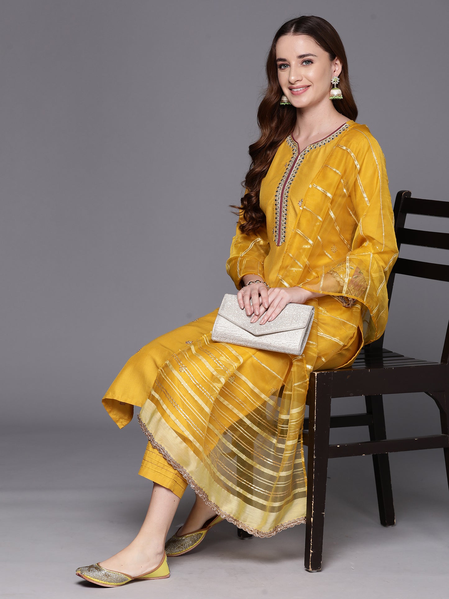 IE Yellow Embroidered Straight Kurta Trousers With Dupatta Set