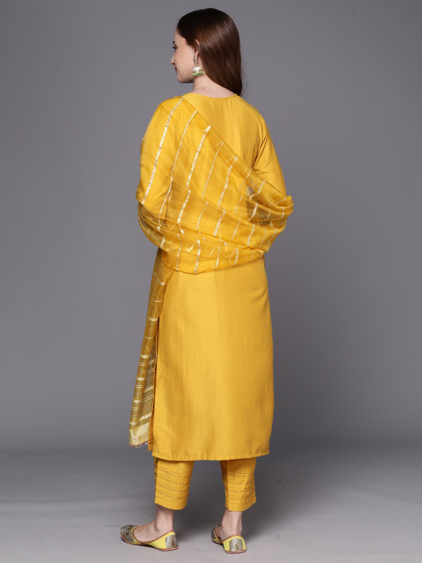 IE Yellow Embroidered Straight Kurta Trousers With Dupatta Set