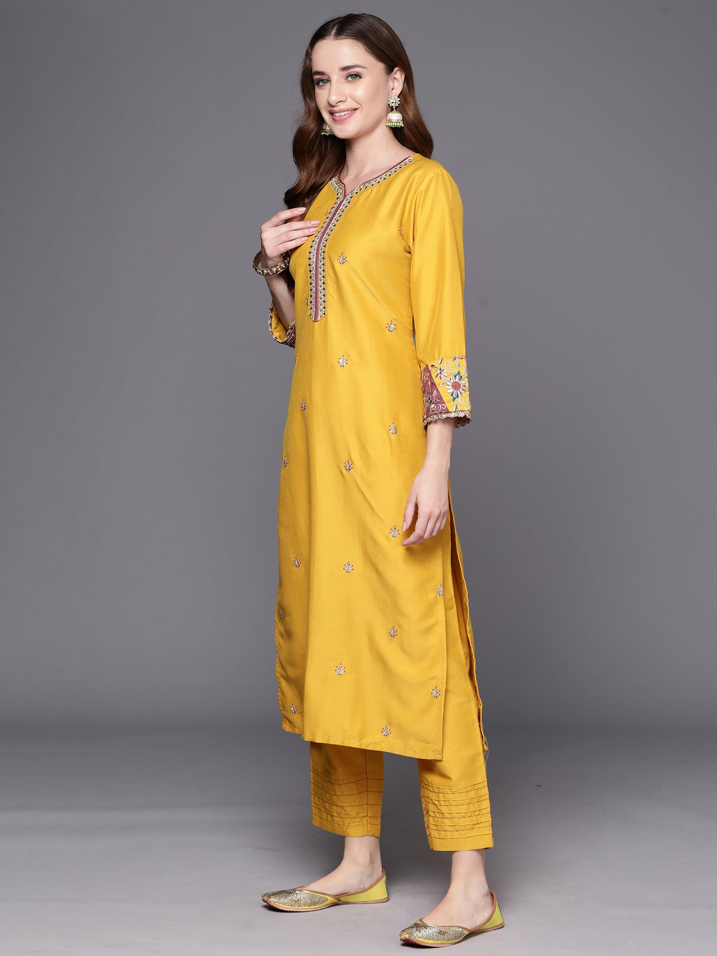 IE Yellow Embroidered Straight Kurta Trousers With Dupatta Set