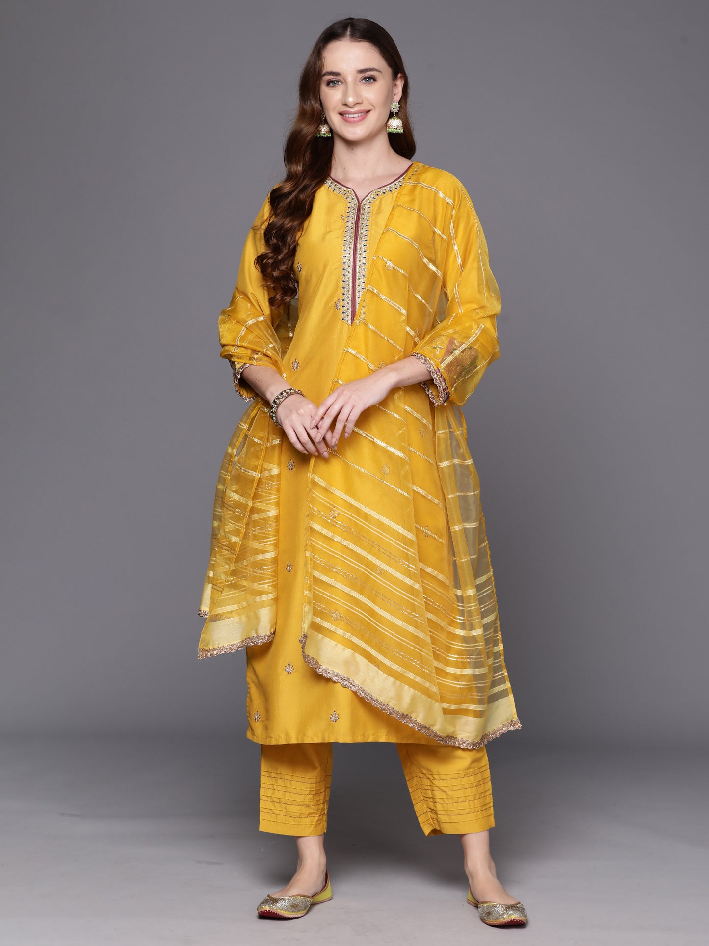 IE Yellow Embroidered Straight Kurta Trousers With Dupatta Set