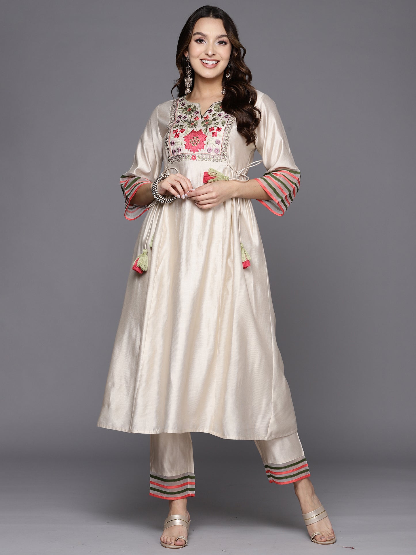 IE White Embroidered A-Line Kurta Trousers Set