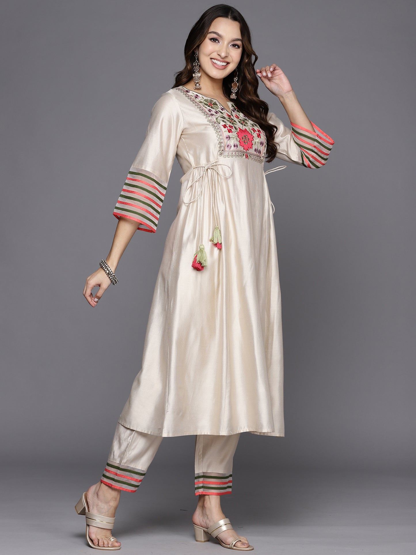 IE White Embroidered A-Line Kurta Trousers Set