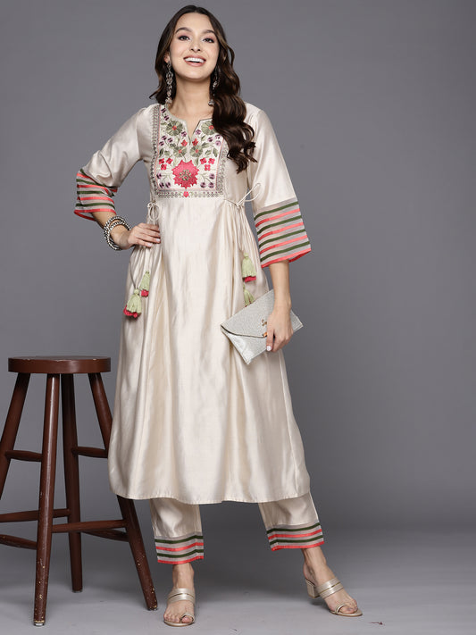 IE White Embroidered A-Line Kurta Trousers Set