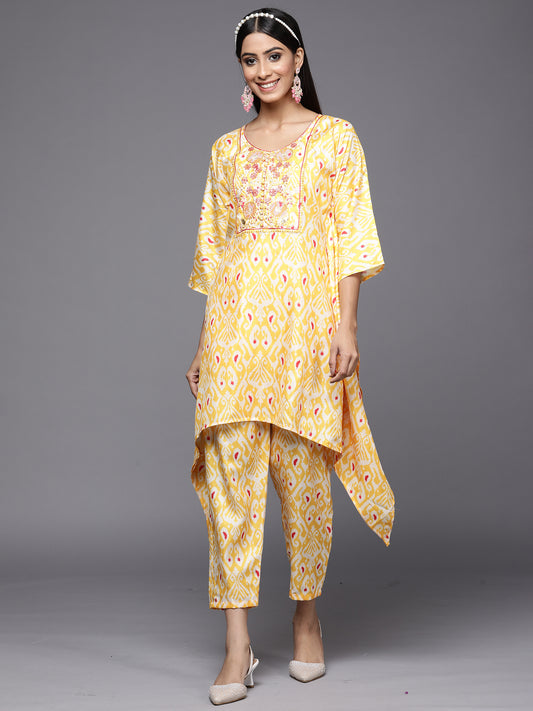 IE Kesariya Yellow Printed A-Line Kaftan With Trouser Set