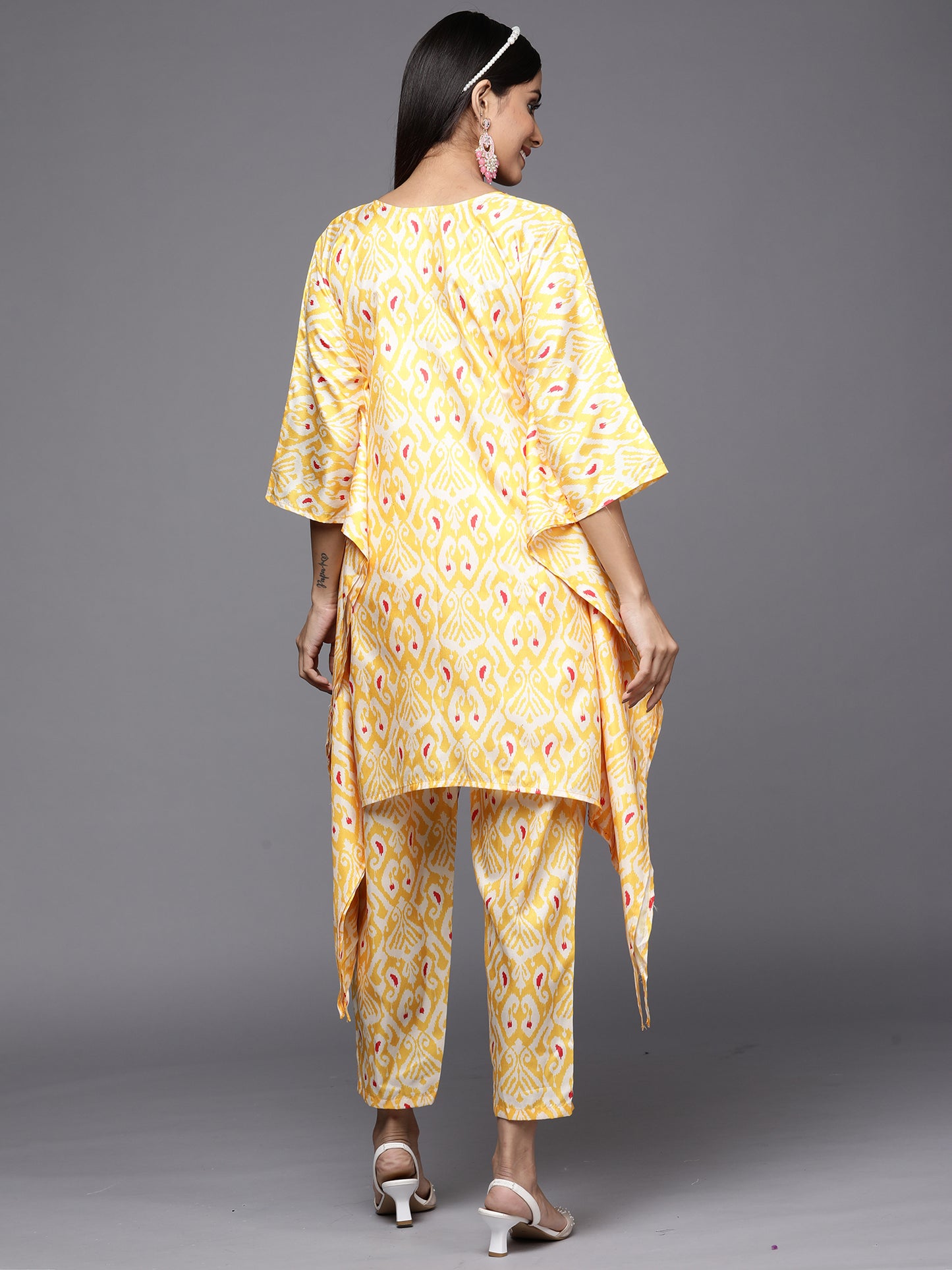 IE Kesariya Yellow Printed A-Line Kaftan With Trouser Set