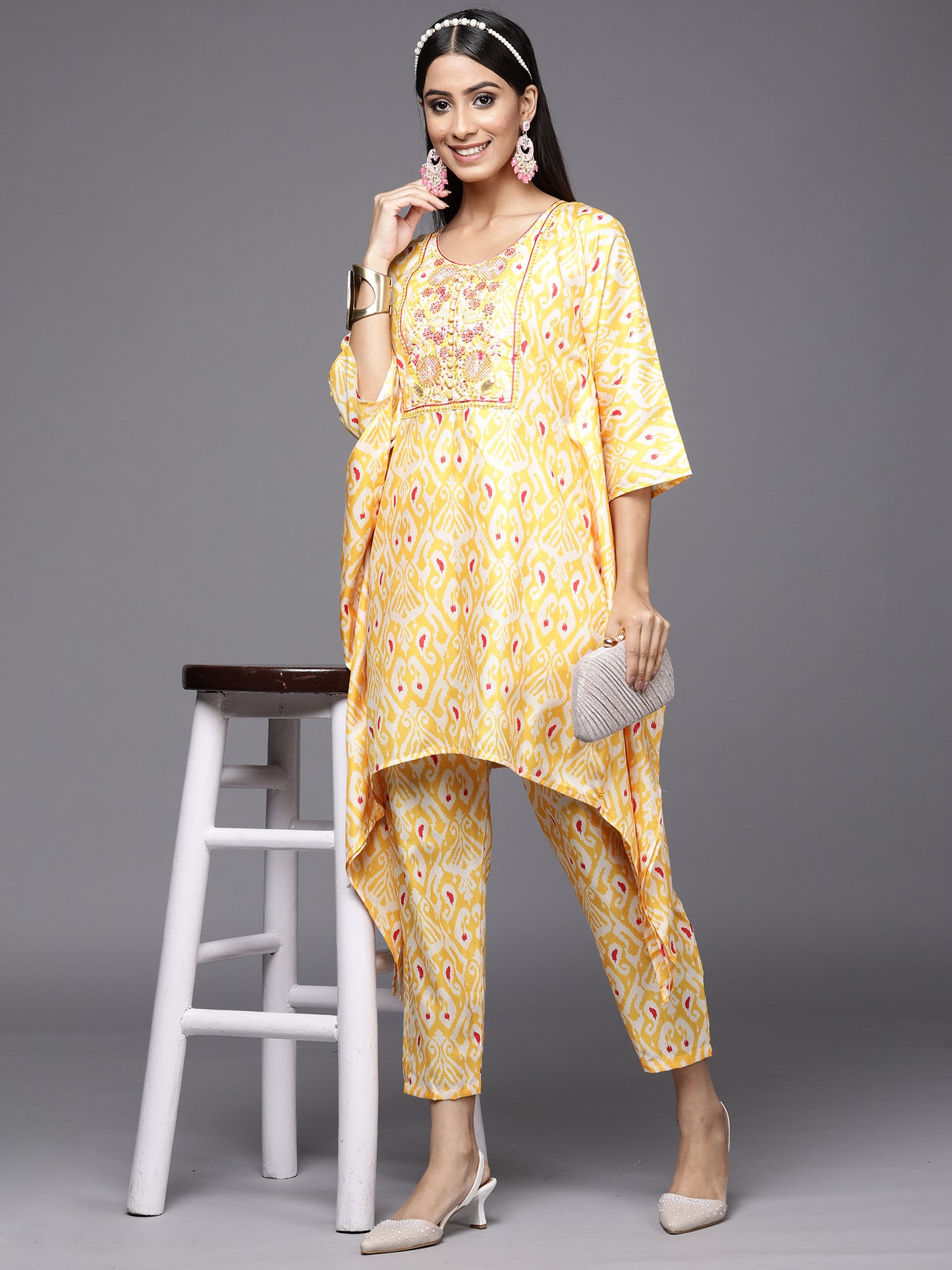 IE Kesariya Yellow Printed A-Line Kaftan With Trouser Set