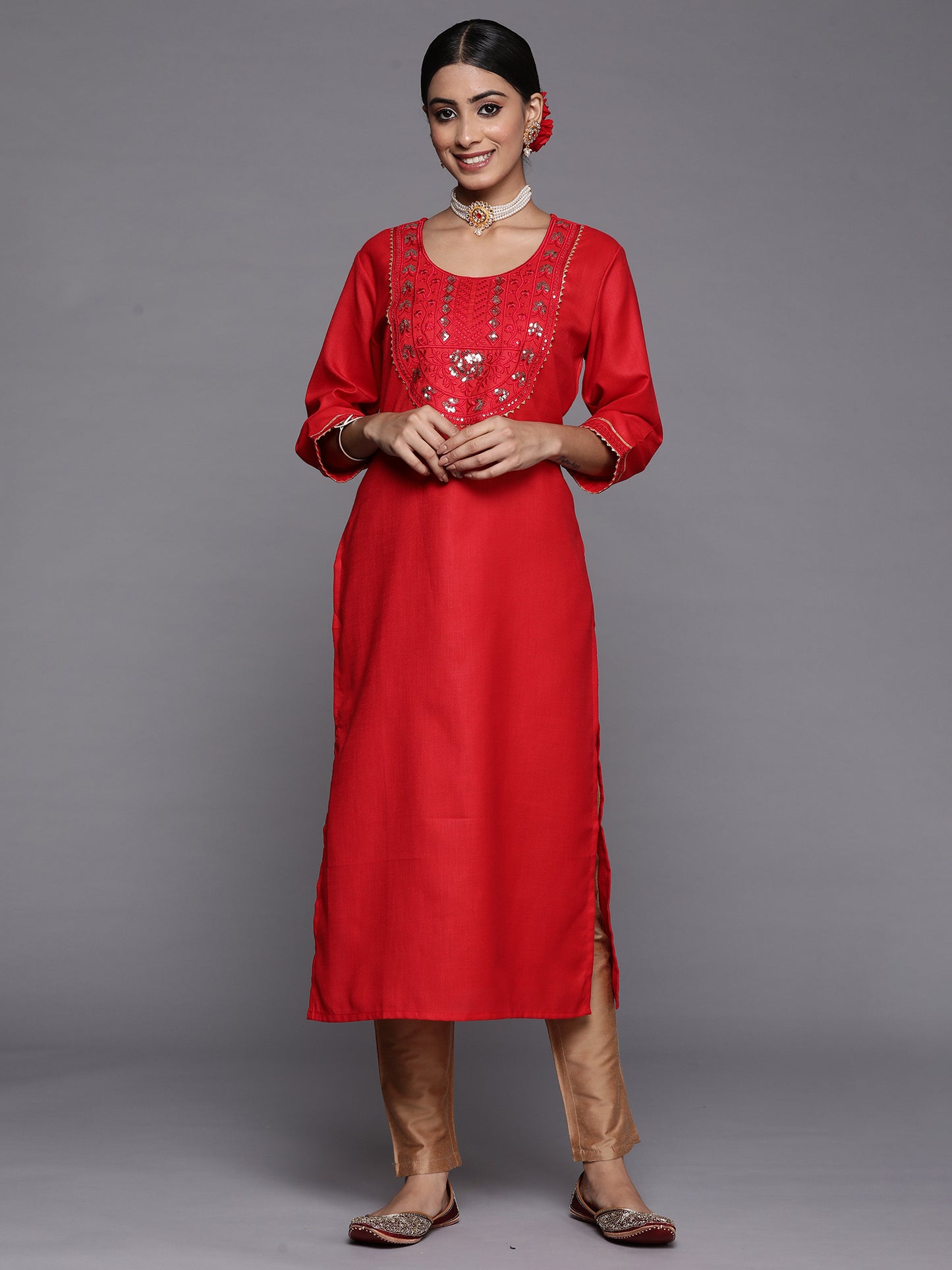 IE Red Embroidered Straight Kurtas