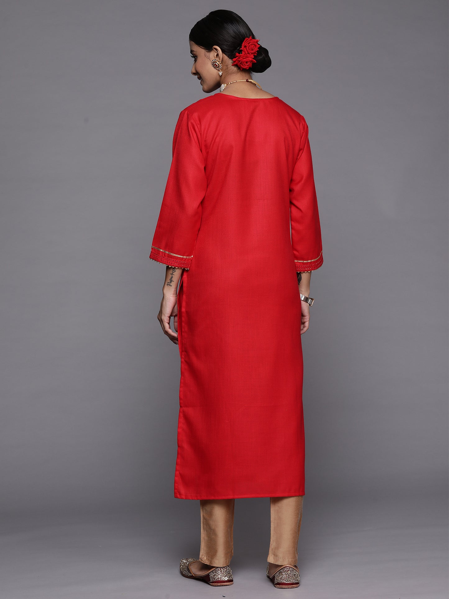 IE Red Embroidered Straight Kurtas