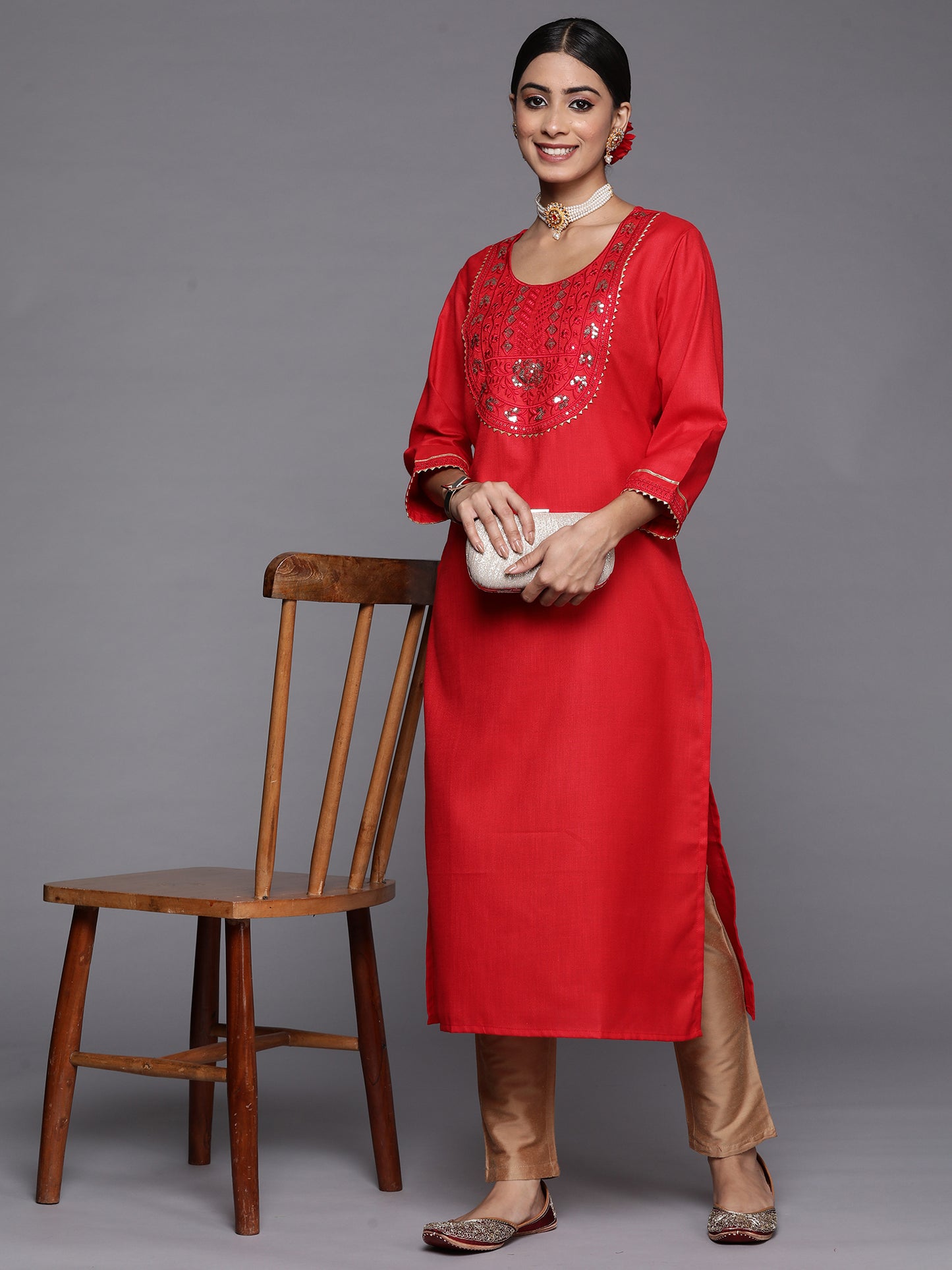 IE Red Embroidered Straight Kurtas