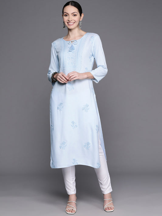 IE Blue Embroidered Straight Kurtas