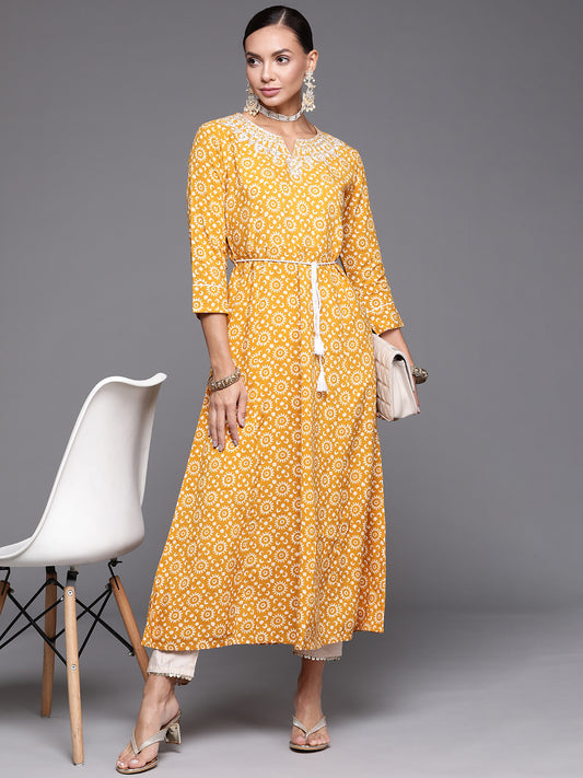 IE Mustard Embroidered A-line Kurta