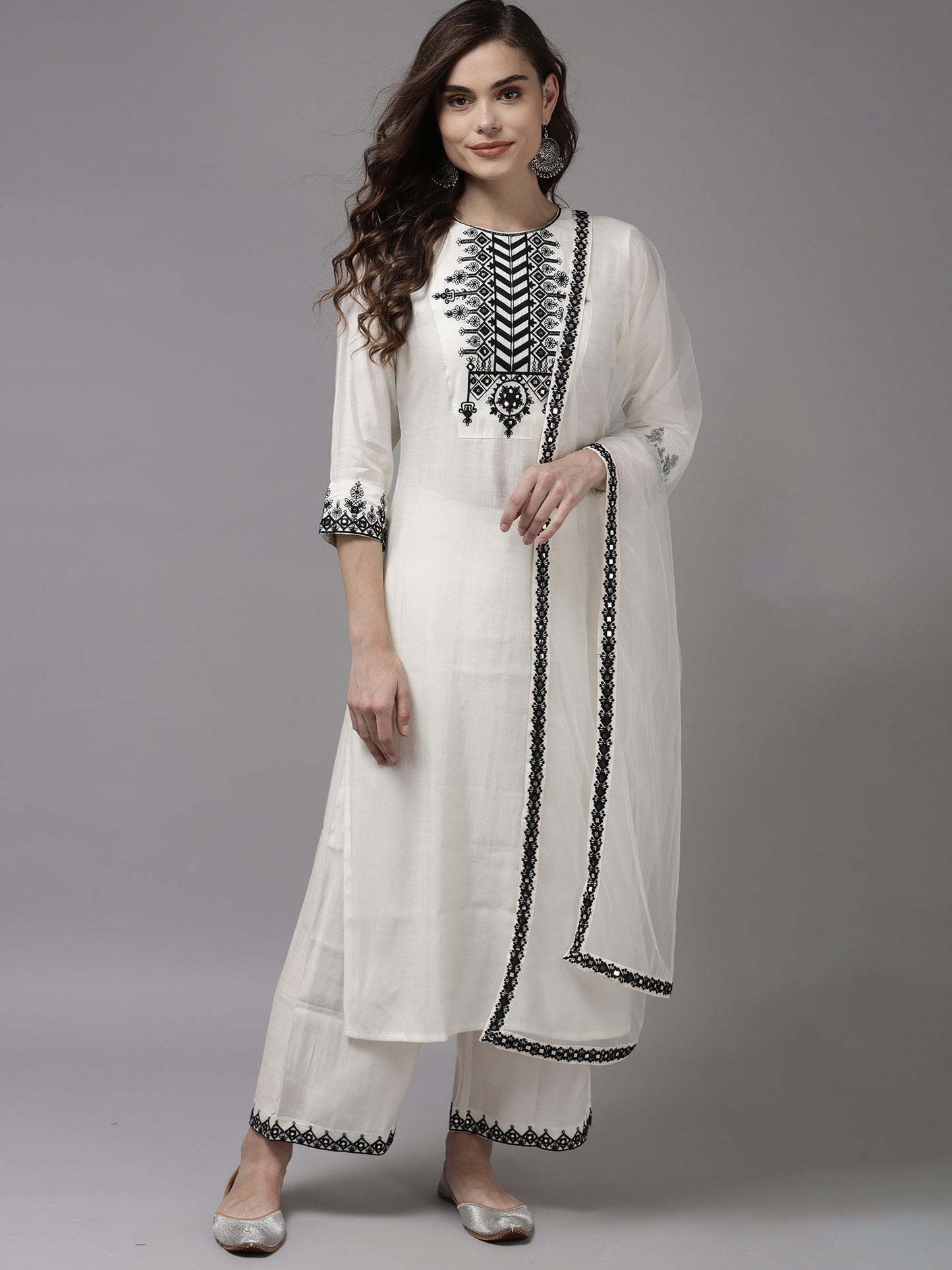 IE White Embroidered Straight Kurta With Palazzo With Dupatta Set