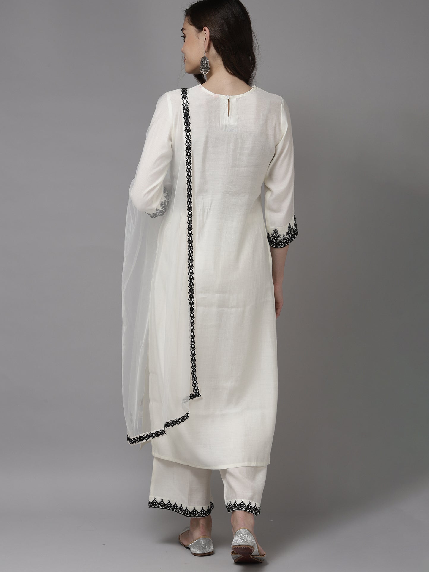 IE White Embroidered Straight Kurta With Palazzo With Dupatta Set