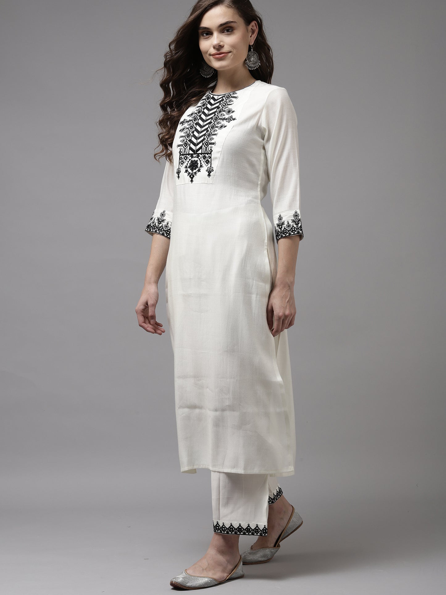 IE White Embroidered Straight Kurta With Palazzo With Dupatta Set