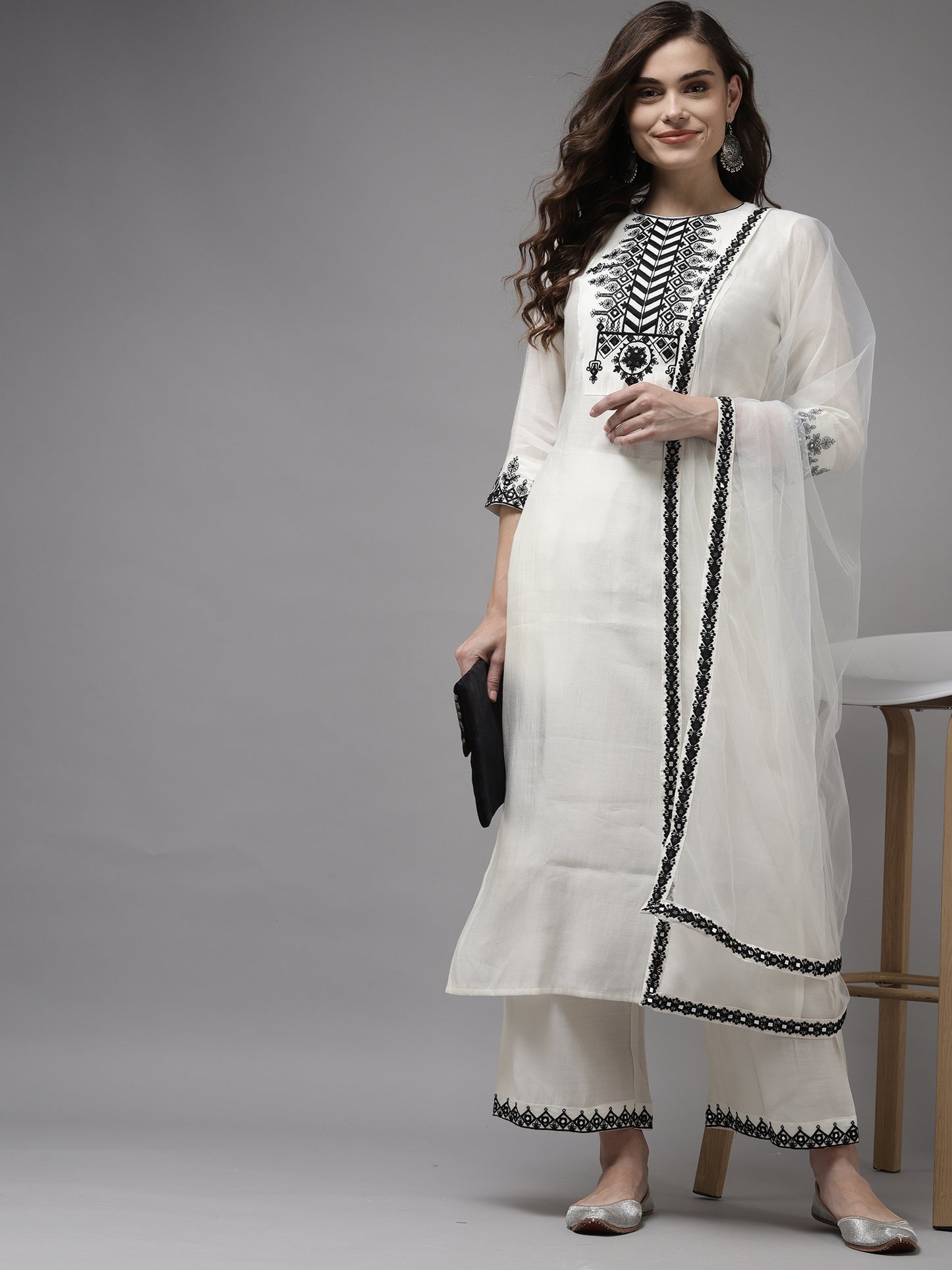 IE White Embroidered Straight Kurta With Palazzo With Dupatta Set