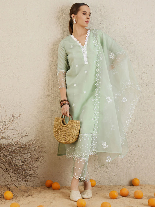 IE Sea Green Embroidered Straight Kurta Trousers With Dupatta set